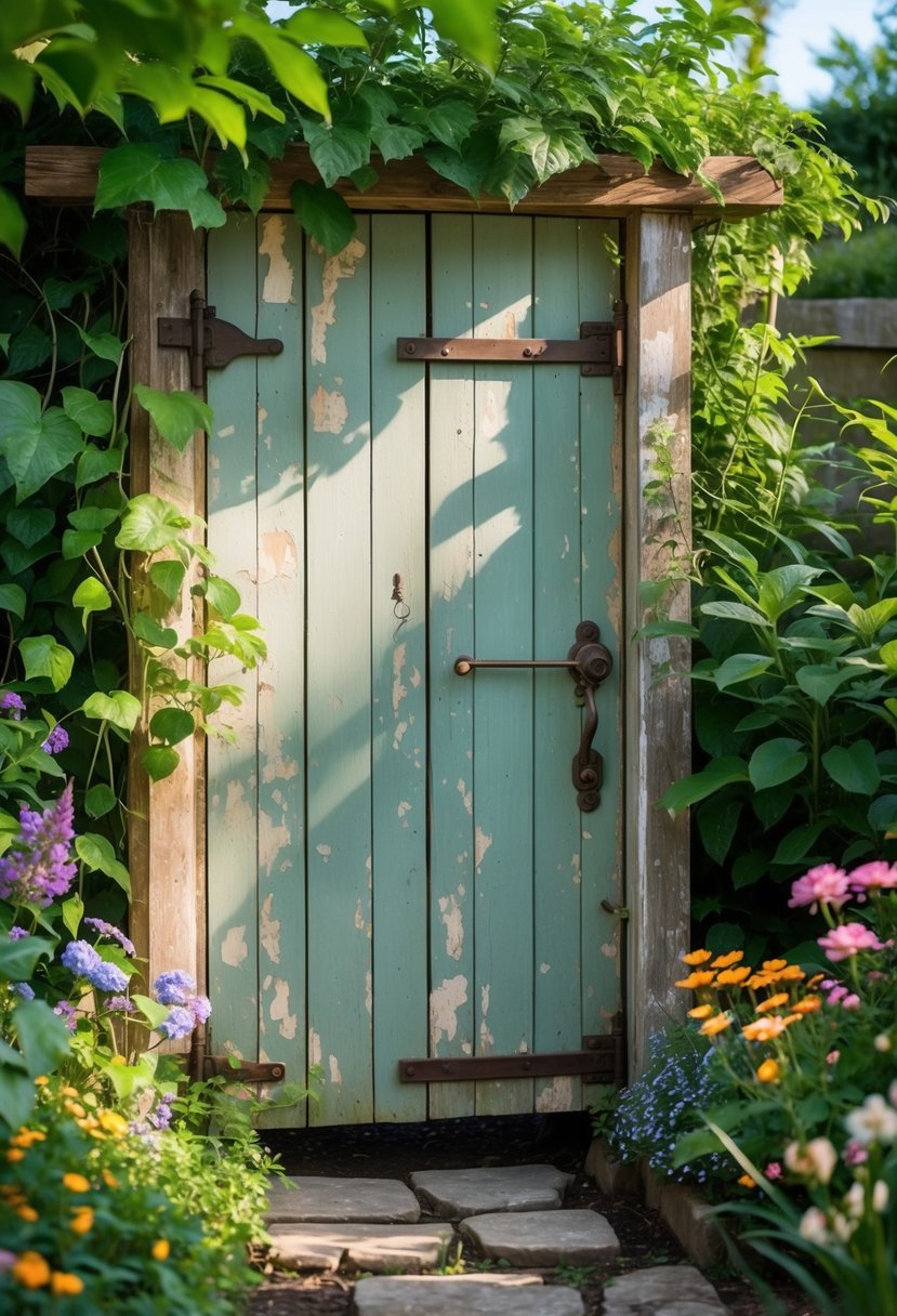 A garden gate made from an old wooden door surrounded by green plants and colorful flowers.
