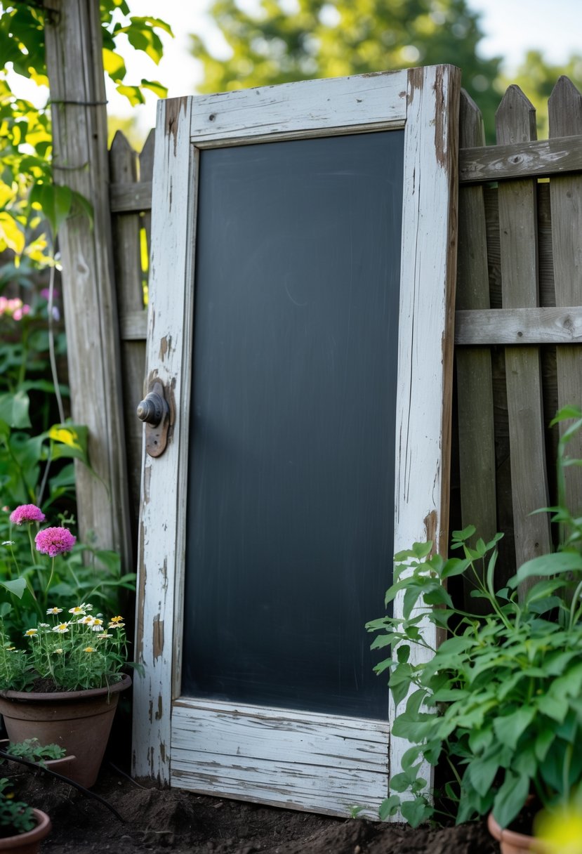An old wooden door painted with black chalkboard paint leaning against a garden fence surrounded by plants and flowers.