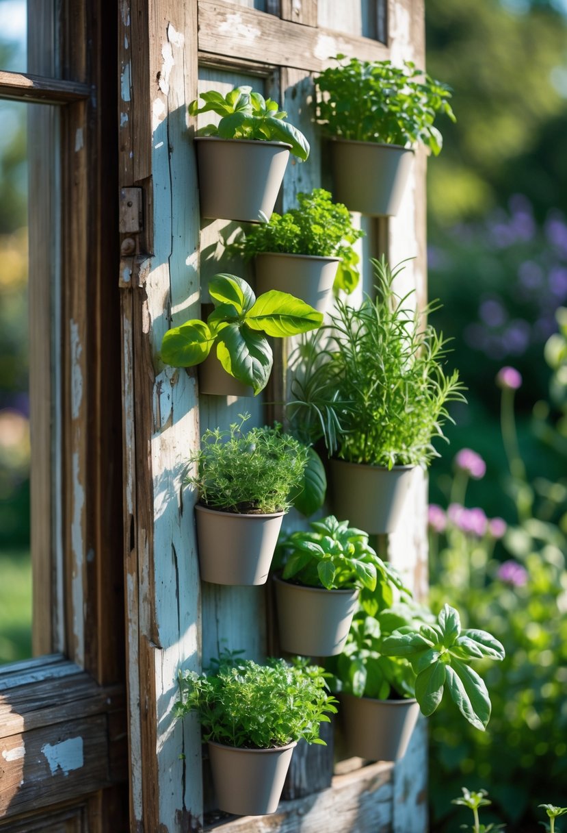 An old wooden door repurposed as a vertical garden with pots of fresh green herbs attached to it, set outdoors with greenery in the background.