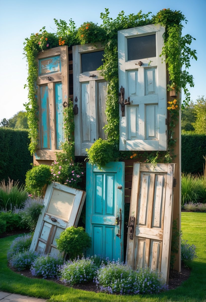 An outdoor garden with multiple old doors layered and arranged among plants and flowers.
