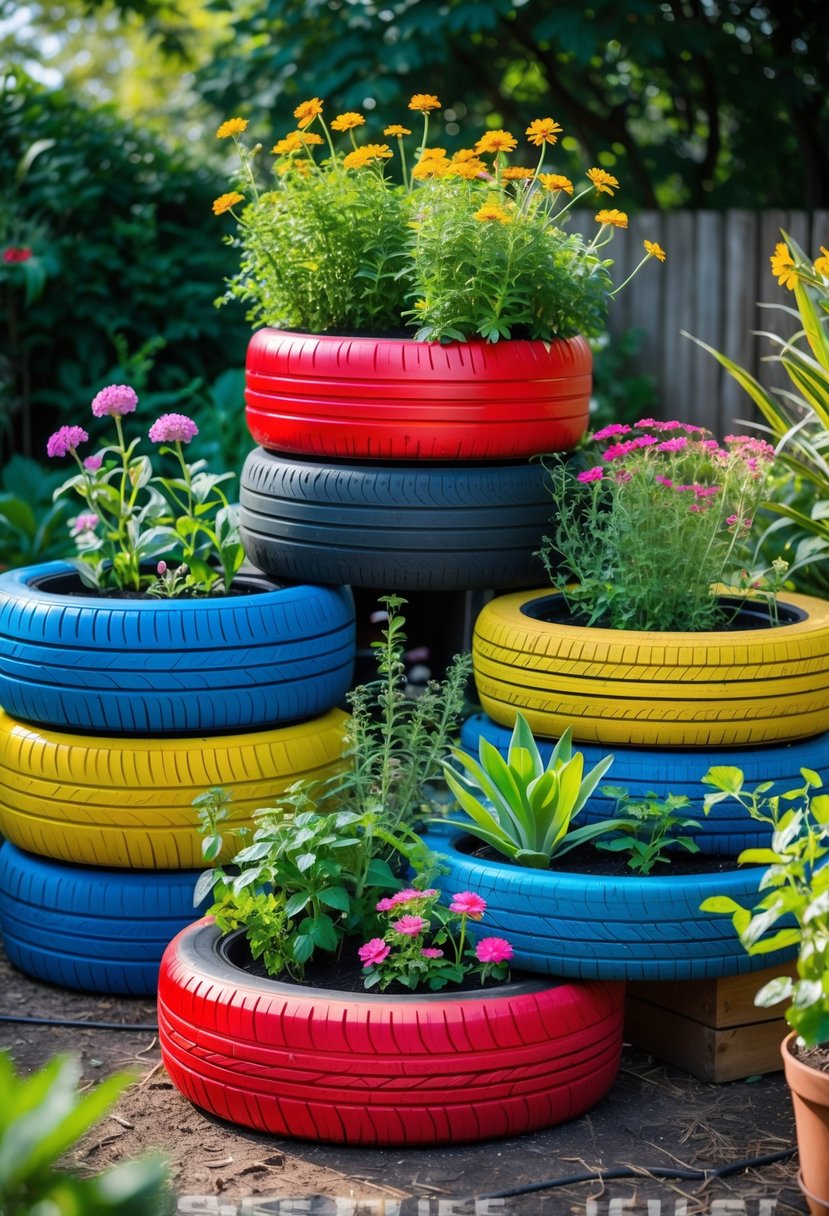 Colorful painted tire planters filled with flowers arranged in a sunny garden.