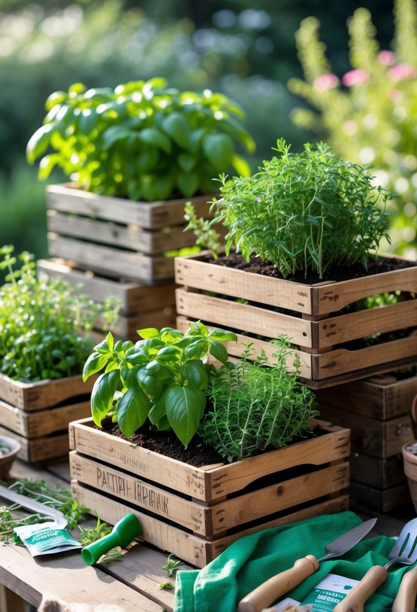 Wooden crates repurposed as planters filled with fresh green herbs on a wooden table outdoors.