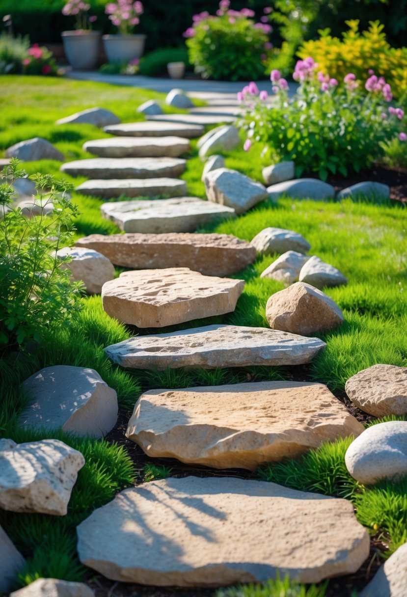 A stone pathway made of various found rocks winding through a green garden with flowering plants and shrubs.