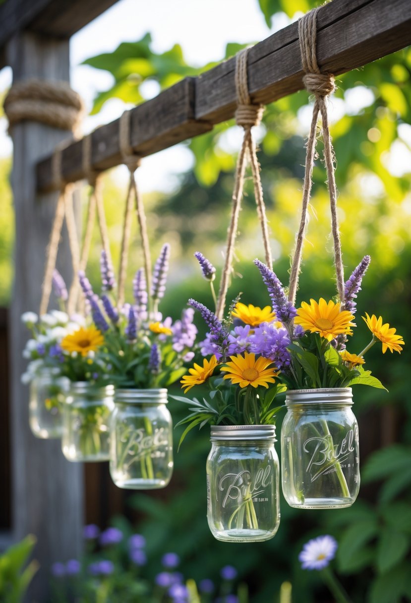 Several mason jars hanging by twine from wooden beams, each filled with colorful flowers in a garden setting with green foliage and sunlight.