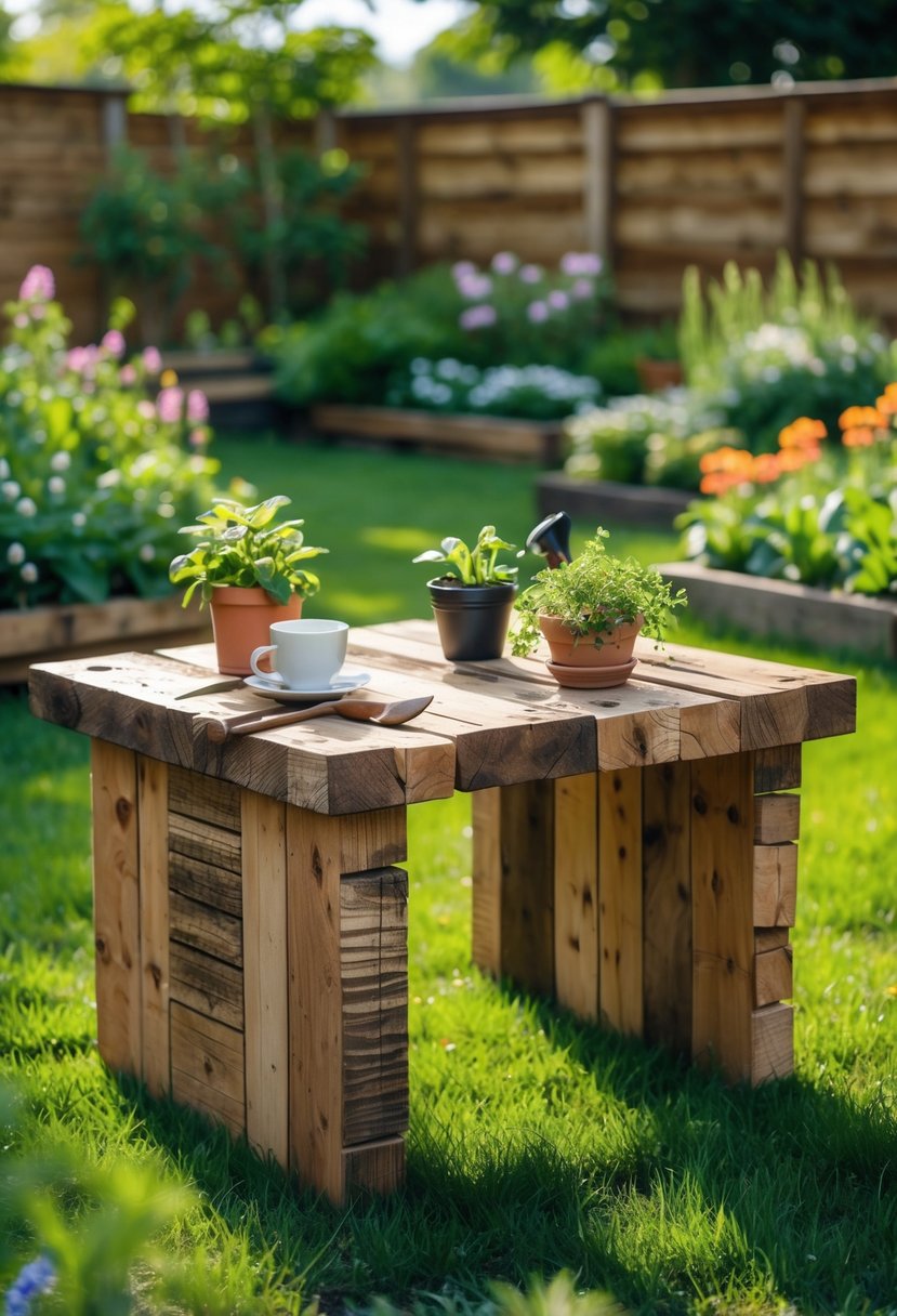 A handmade wooden garden table made from scrap wood set in a green garden with plants and flowers around it.