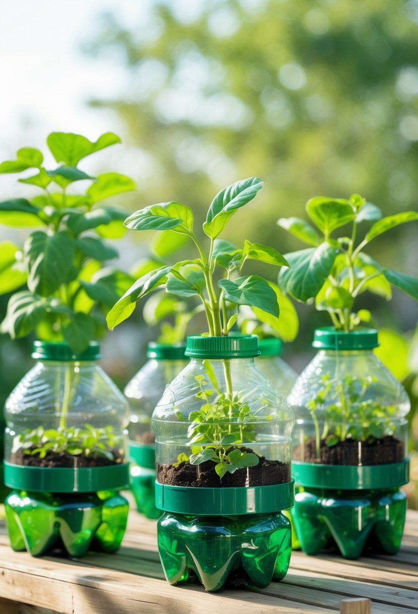 Several recycled plastic bottle planters with green plants arranged outdoors on a wooden surface.