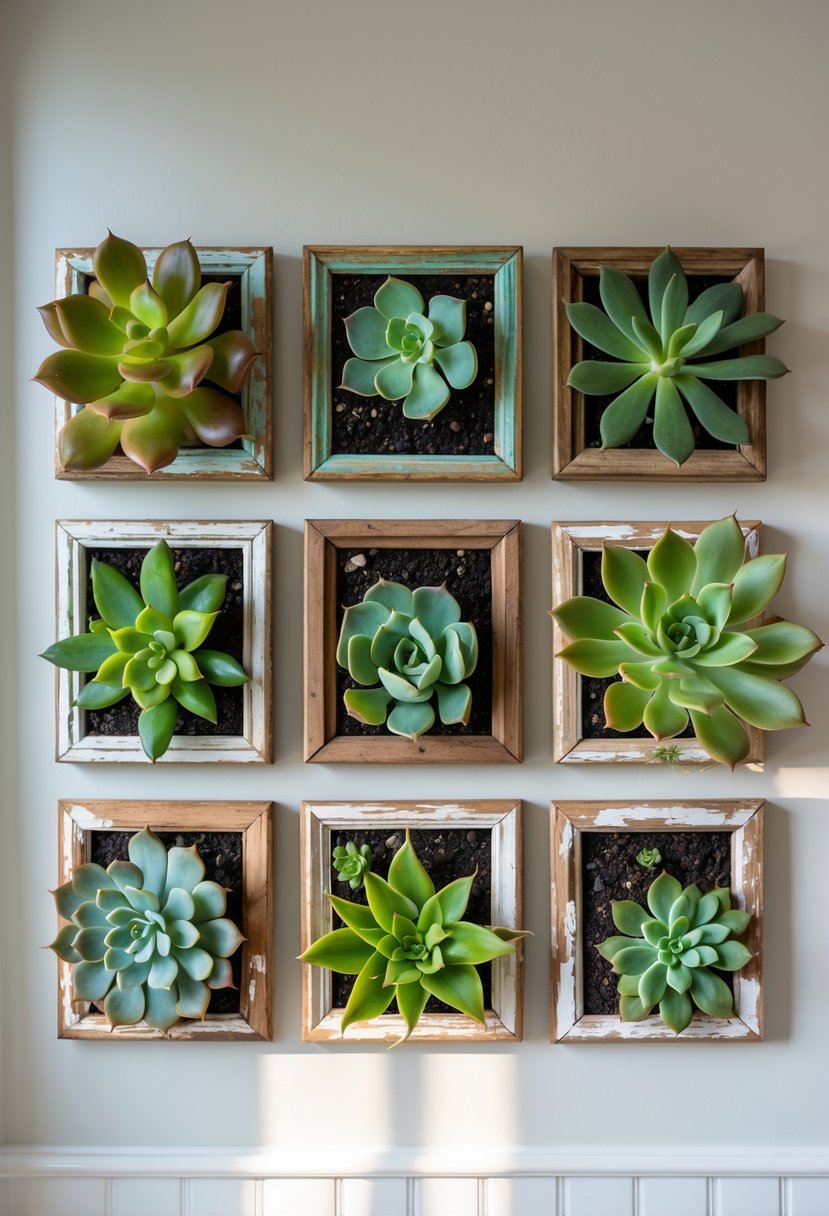 A wall display made of old picture frames filled with various green succulent plants arranged in a grid.