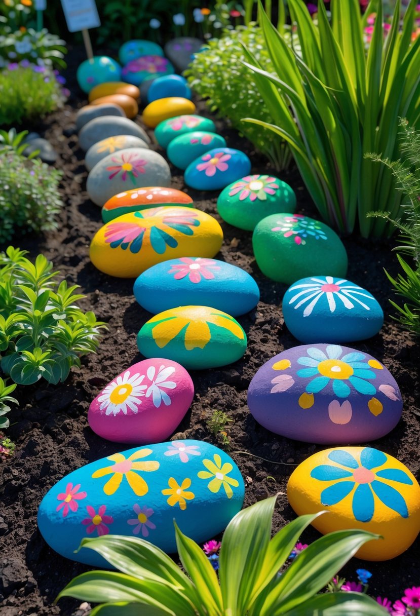 A garden with colorful painted rocks used as markers among green plants and soil.