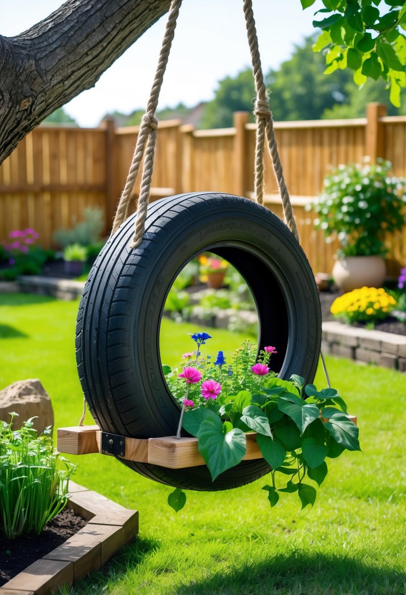 A tire swing hanging from a tree branch with plants growing inside the tire, set in a sunny backyard garden.