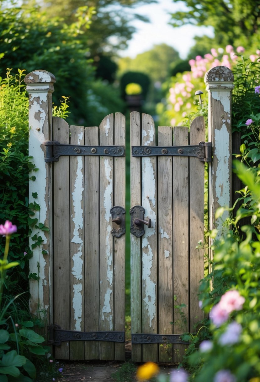 An old wooden garden gate with vintage iron hinges surrounded by green plants and flowers.