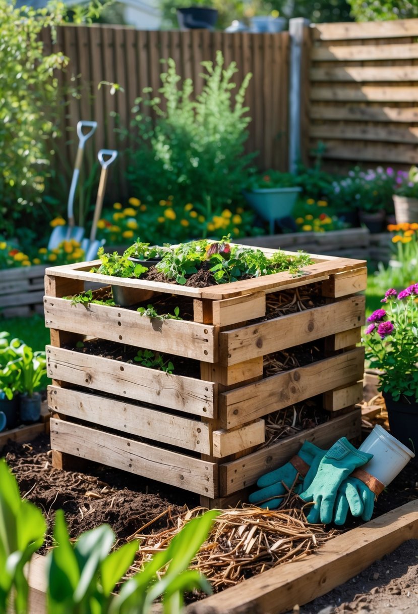 A homemade compost bin made from wooden pallets in a garden with plants and gardening tools nearby.