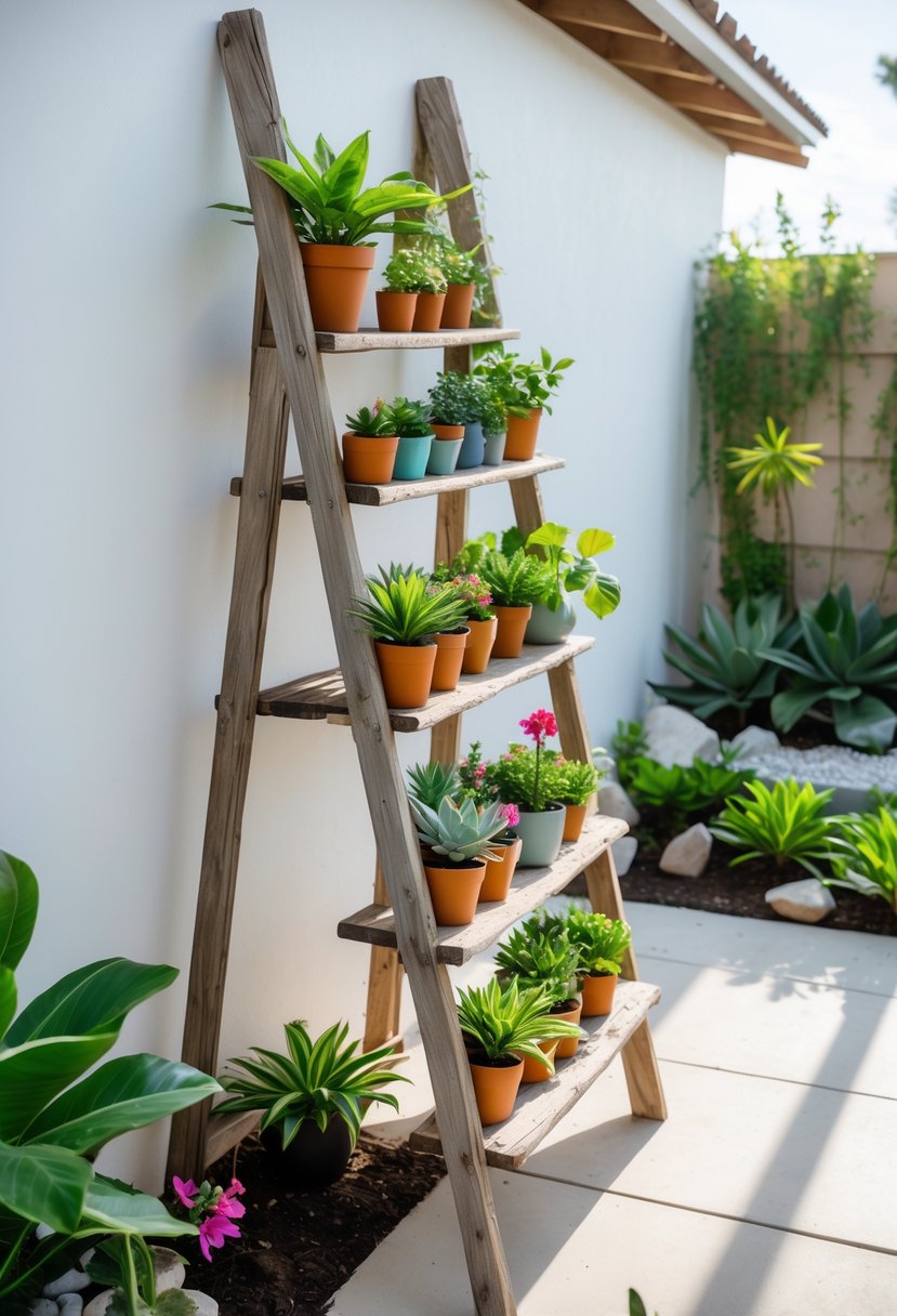 A wooden ladder repurposed as a vertical plant display with various potted plants arranged on its steps in a garden setting.