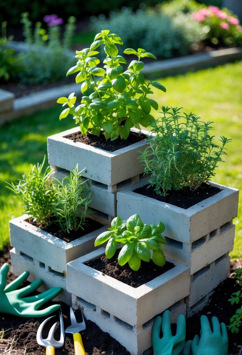 Concrete blocks arranged as stepped planters filled with various fresh herbs in an outdoor garden setting.