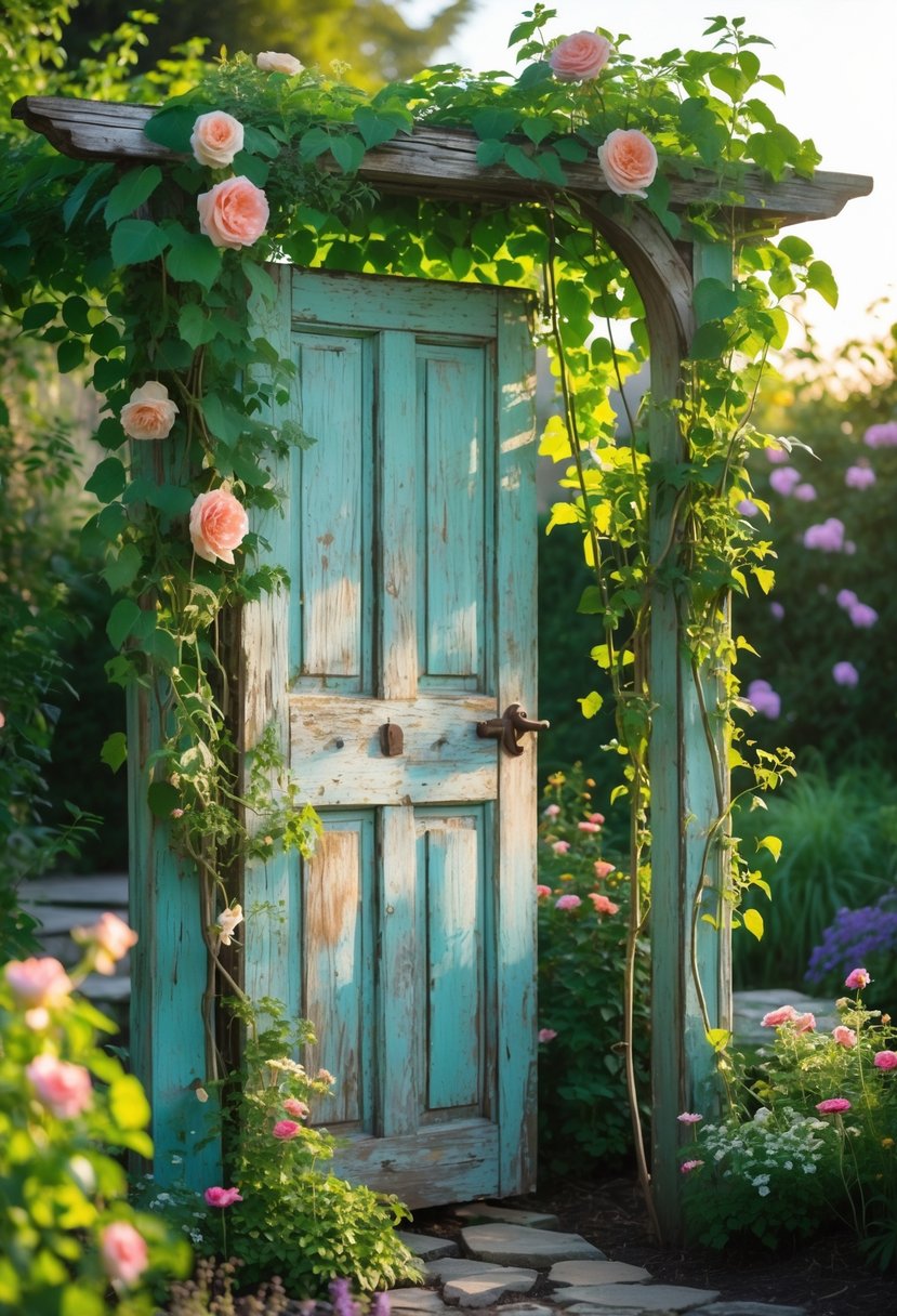 A weathered wooden door repurposed as a garden arbor surrounded by green climbing plants and colorful flowers in a lush garden.