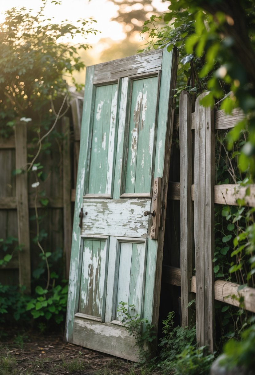An old wooden door leaning against a garden fence with some plants around it.