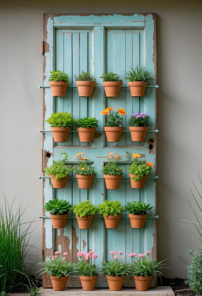 An old wooden door used as a vertical planter with several pots of green plants and flowers attached to it.