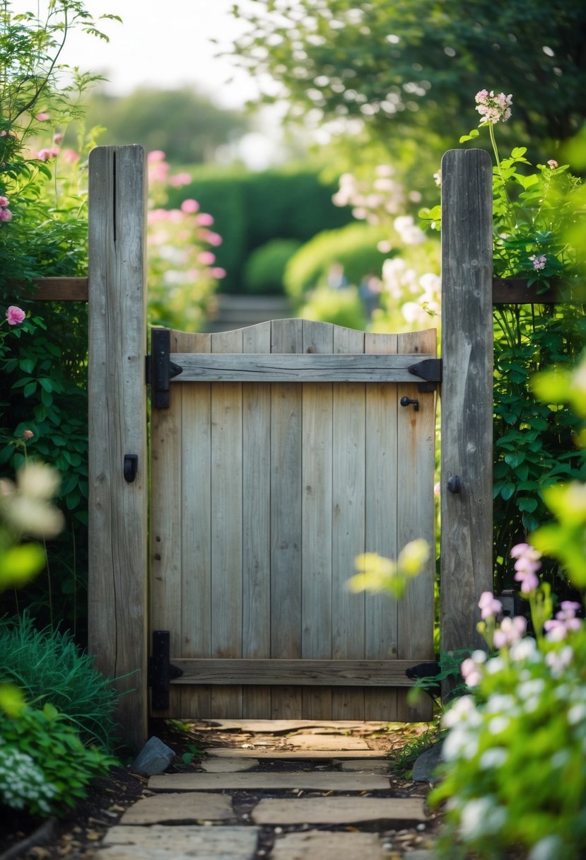 A wooden garden gate made from an old vintage door surrounded by green plants and flowers.