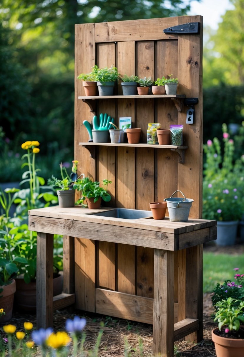 An old wooden door turned into a potting bench with shelves holding gardening tools and pots in a garden setting.