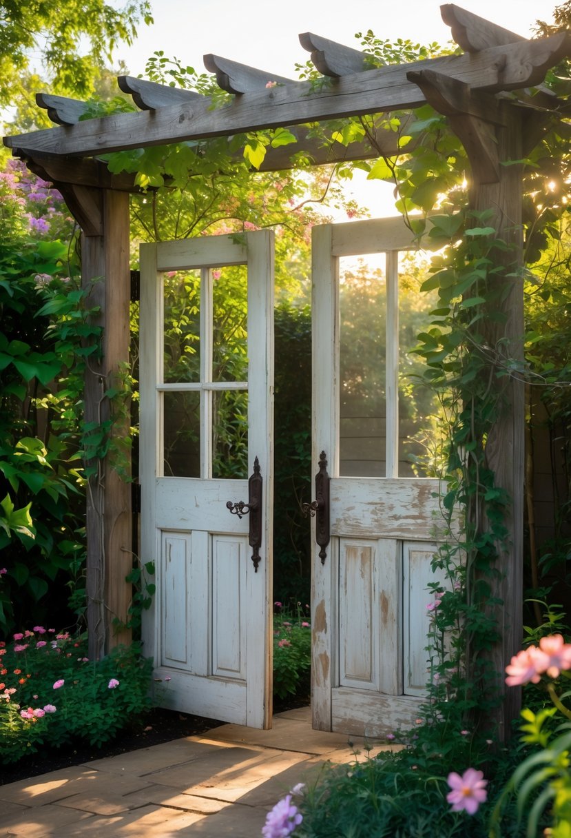 Two old wooden doors framed as a garden arbor surrounded by green plants and colorful flowers in a garden.