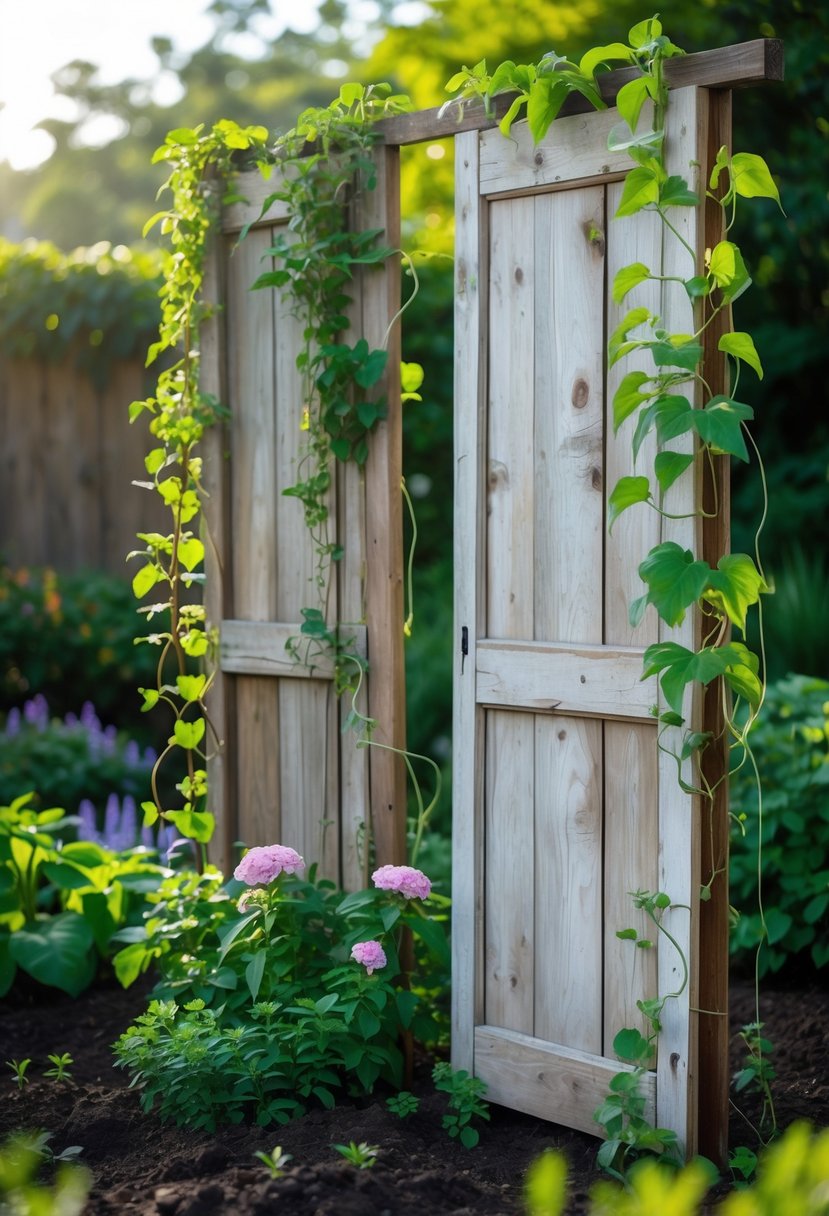 Old wooden door panels used as trellises for climbing plants in a garden.