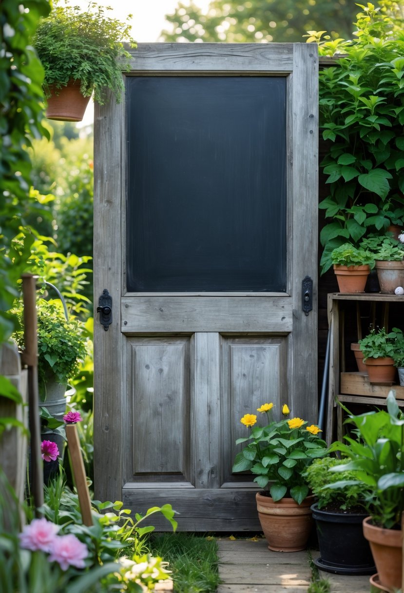 An old wooden door painted with chalkboard paint standing in a garden surrounded by plants and gardening tools.