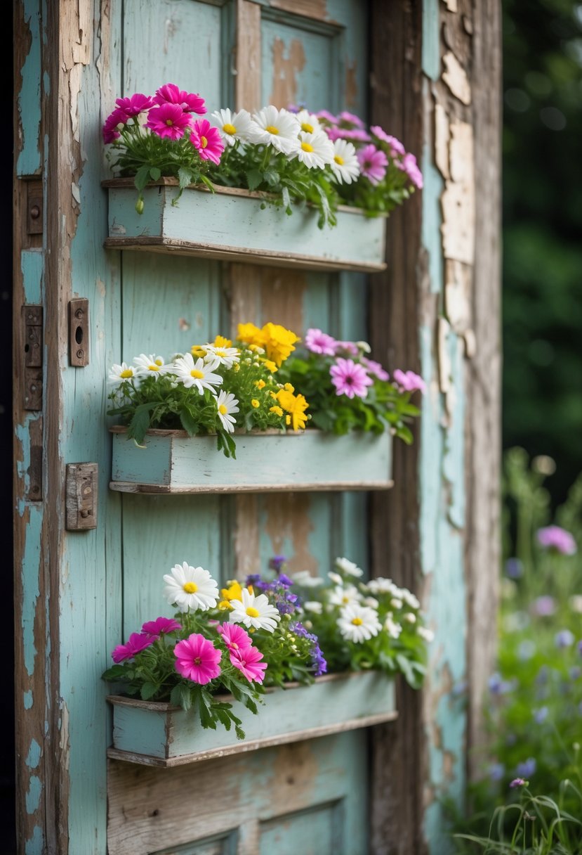 An old wooden door with small flower boxes hanging on it, each filled with colorful blooming flowers.