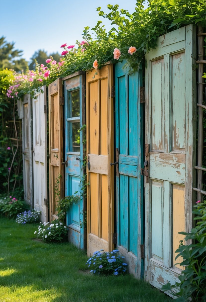 A garden fence made from several old wooden doors joined together surrounded by green grass and flowers.