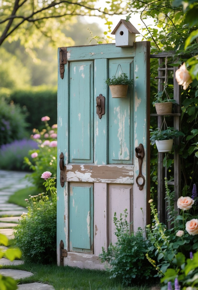 A rustic old wooden door repurposed as a decorative garden signboard surrounded by green plants and colorful flowers in a garden setting.