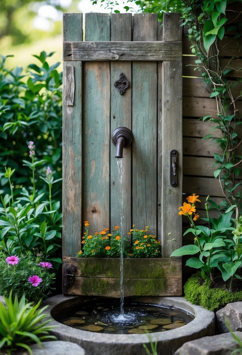 An old wooden door repurposed as a garden water feature with water flowing into a stone basin surrounded by plants and flowers.