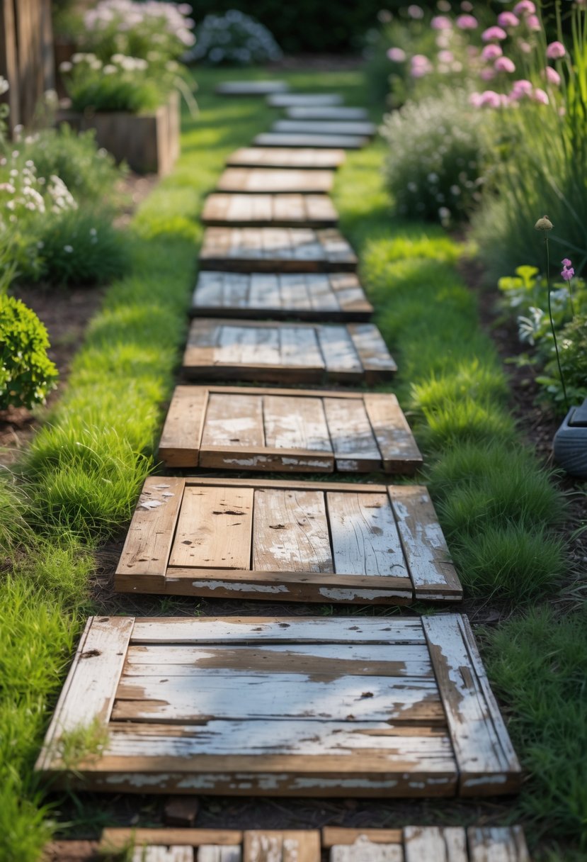 A garden pathway made from sections of old wooden doors used as stepping stones surrounded by grass and plants.