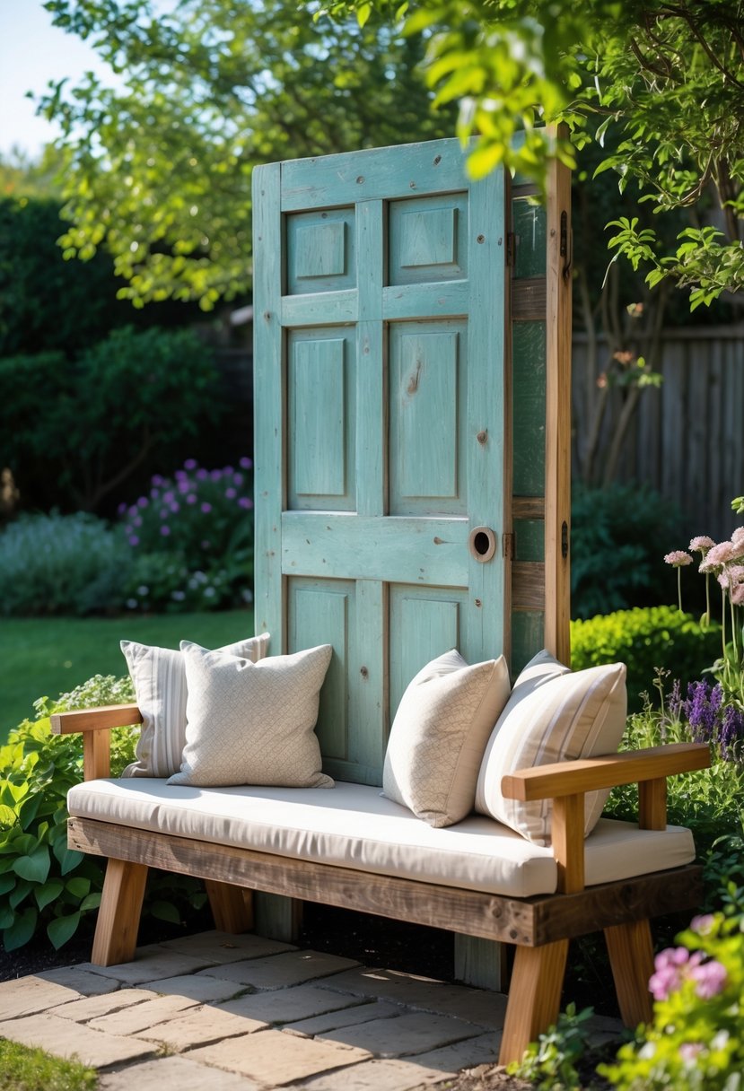 A garden bench made from an old wooden door with cushions, surrounded by plants and flowers in a garden.