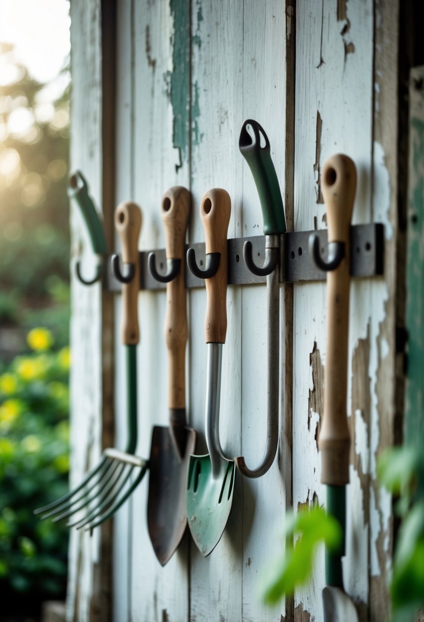 An old wooden door with metal hooks holding garden tools like a trowel and pruning shears.