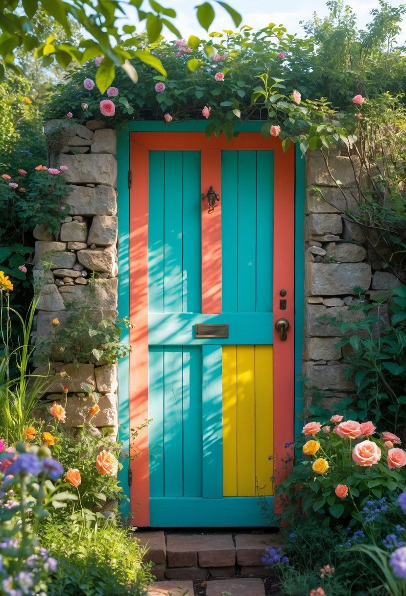 An old wooden garden door painted in bright colors surrounded by green plants and flowers.