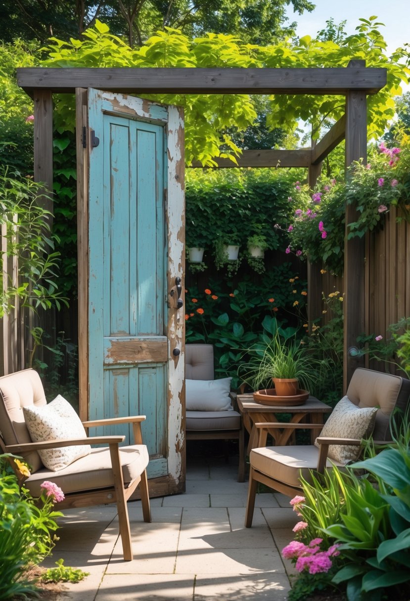 A garden seating area with a privacy screen made from an old wooden door surrounded by plants and flowers.