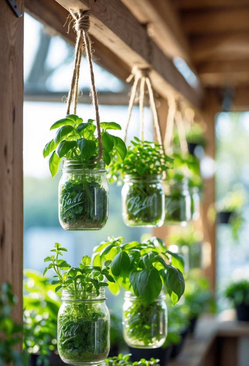 Hanging mason jars filled with green plants and herbs suspended indoors in a small space garden.