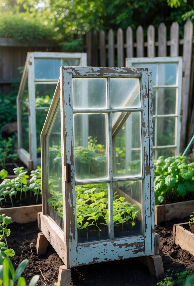 A garden with seedlings growing under glass panels made from old wooden doors used as cold frames.