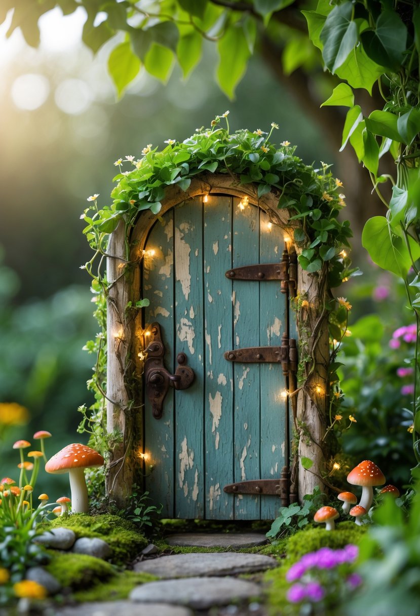 A small old wooden door set as a garden gate surrounded by green plants, flowers, moss, and tiny mushrooms.