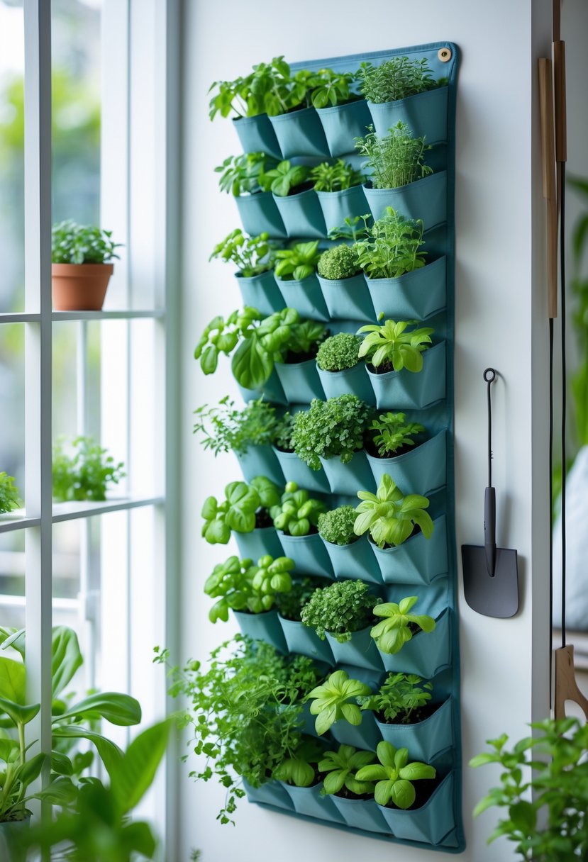 A vertical planter made from a shoe organizer filled with small green plants hanging on a wall in a bright indoor space.
