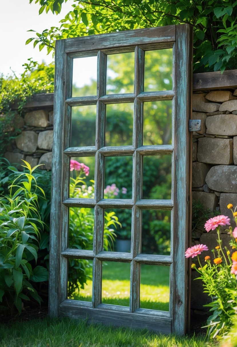 An old wooden door frame with mirrors mounted inside, reflecting a green garden with flowers and plants.