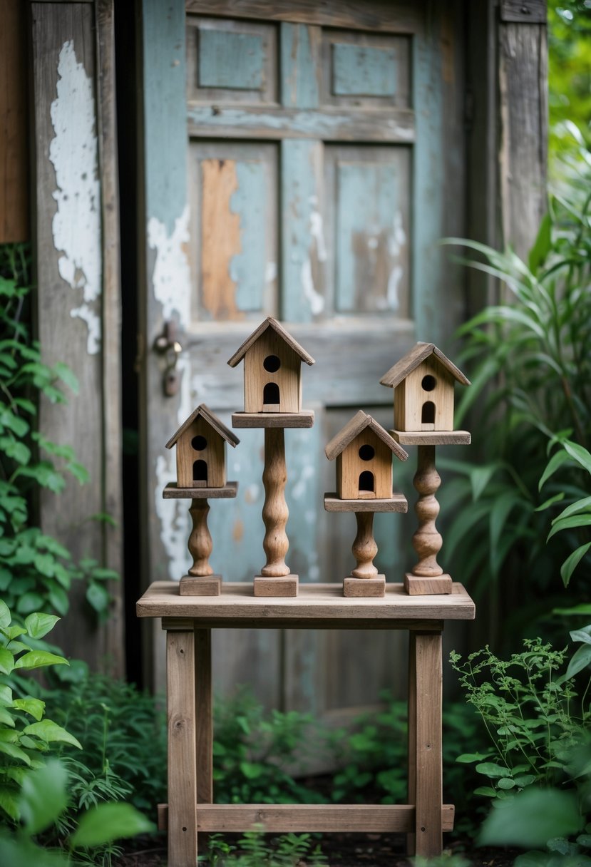 A rustic birdhouse stand made of wood in front of an old wooden door surrounded by green plants in a garden.