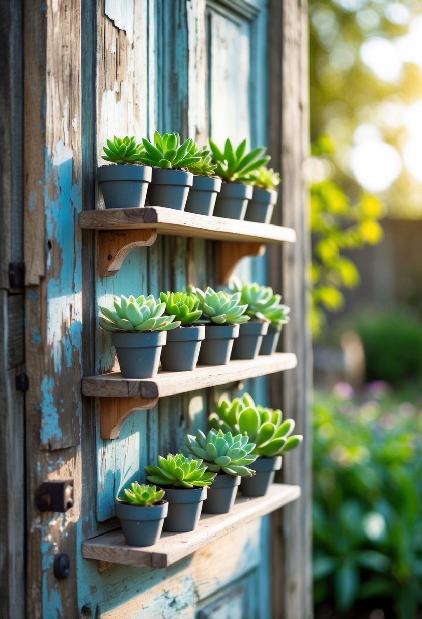 An old wooden door with small shelves holding potted succulents in a garden setting.