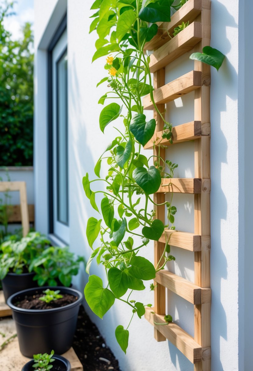 A wall-mounted wooden trellis with green climbing plants on a white exterior wall in a small garden space with gardening tools nearby.