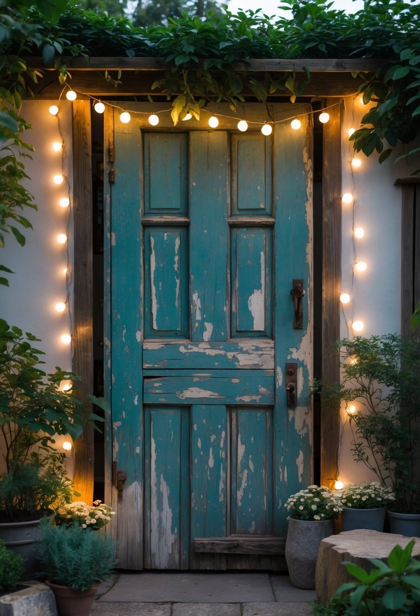An old wooden door outdoors decorated with warm string lights and surrounded by green plants and flowers.