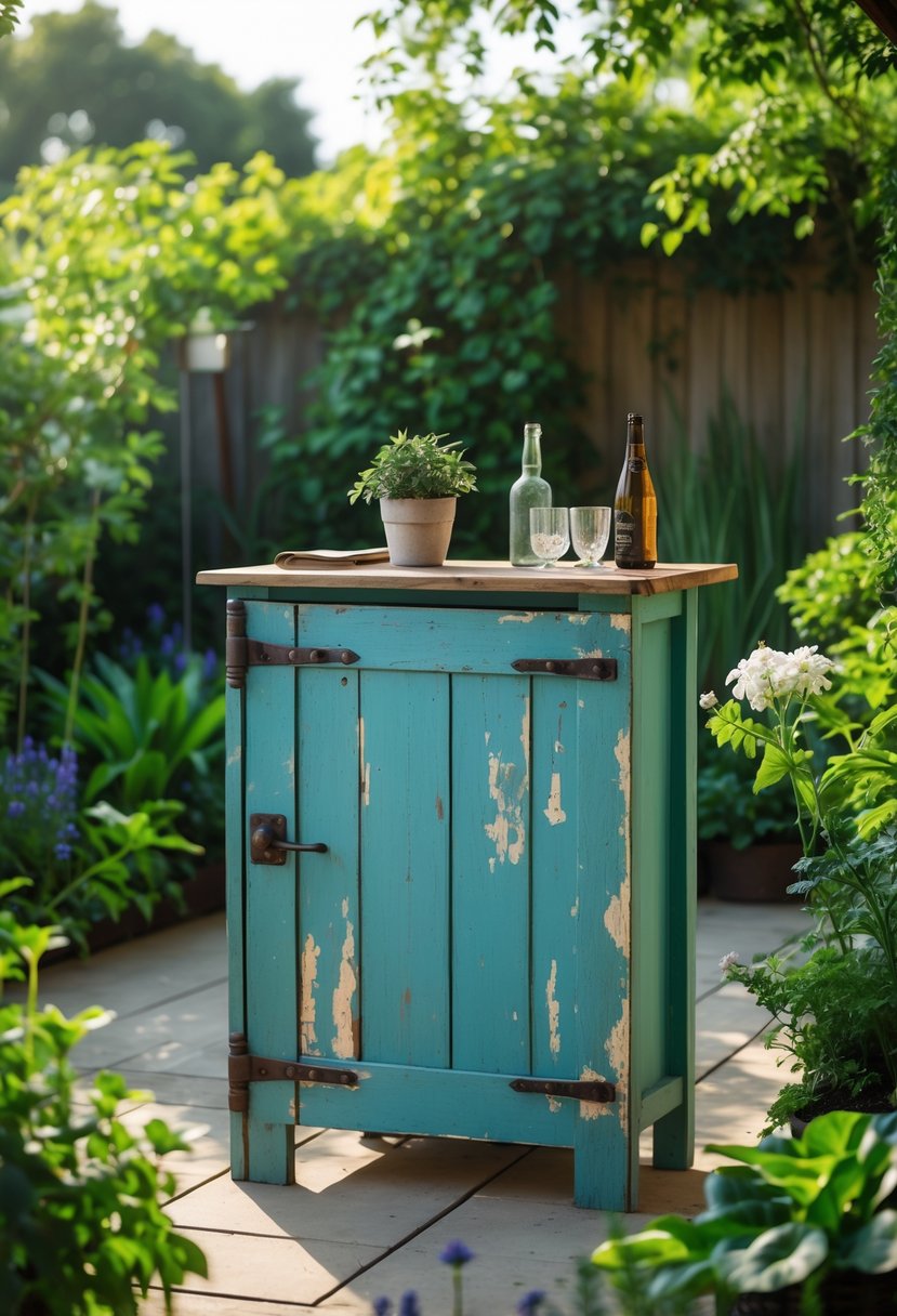 A garden bar table made from an old wooden door surrounded by green plants and flowers.