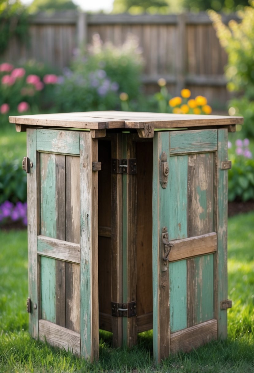 A foldable garden table made by joining two old wooden doors set outdoors in a garden with flowers and grass.