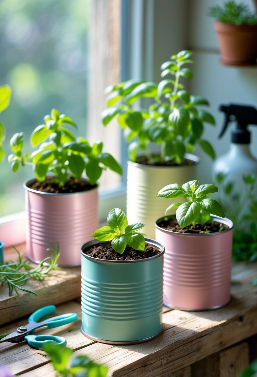 Tin cans repurposed as herb pots with green herbs on a wooden windowsill in natural light.