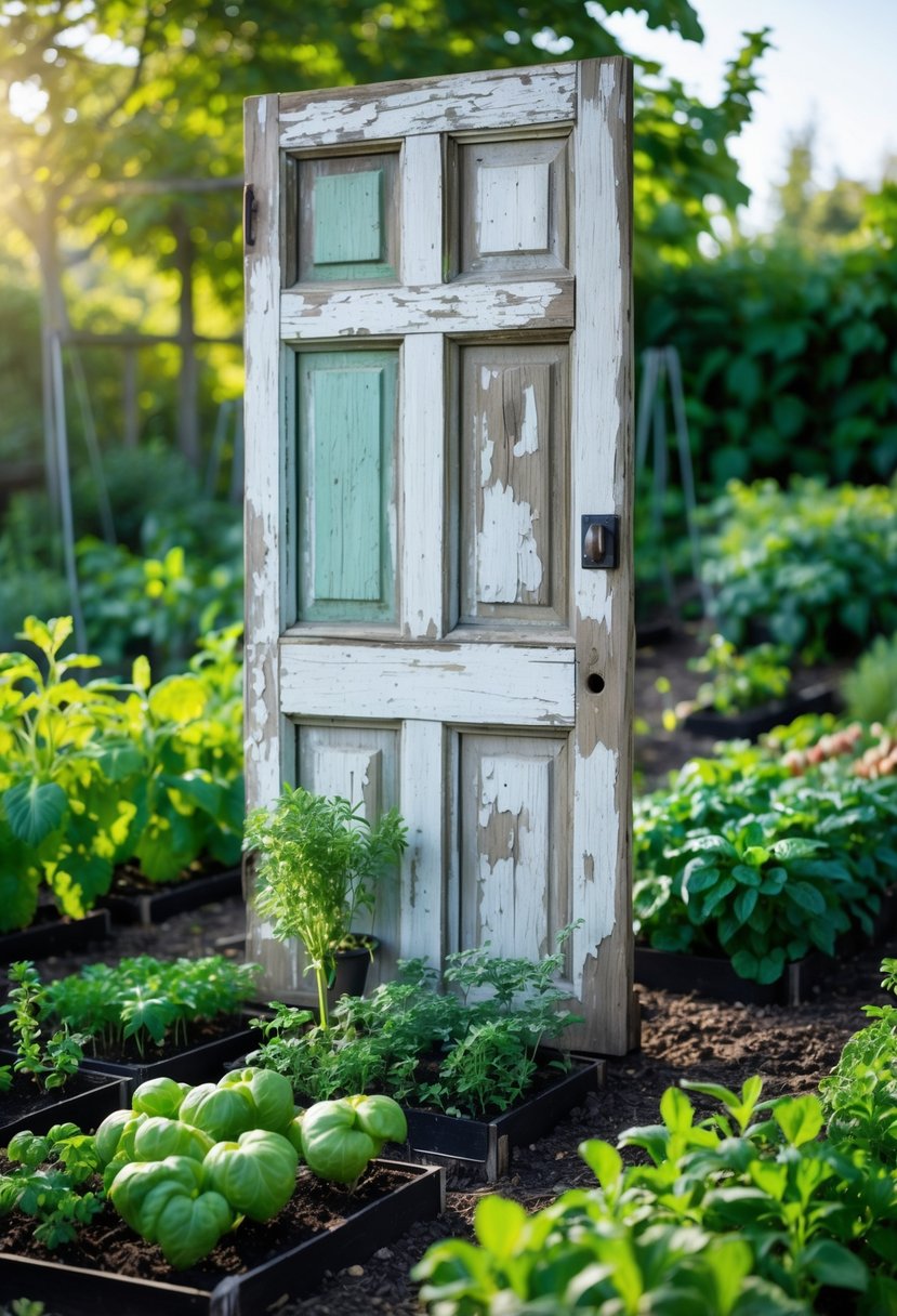 An old wooden door cut into small panels used as garden markers among herbs and vegetable plants in a garden.