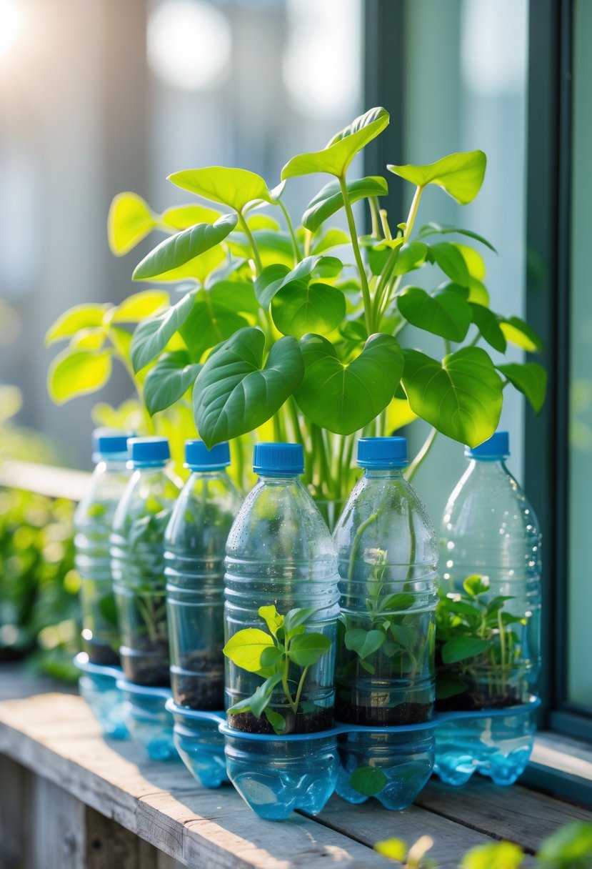 A small self-watering planter made from plastic bottles holding green plants on a balcony or windowsill.