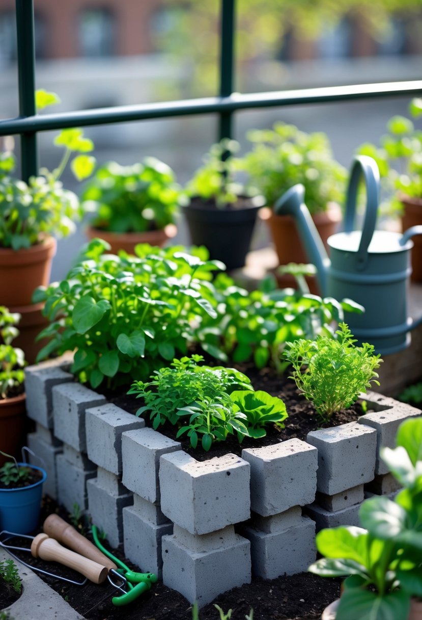 A small raised garden bed made of cinder blocks filled with soil and green plants in a compact outdoor space with gardening tools nearby.