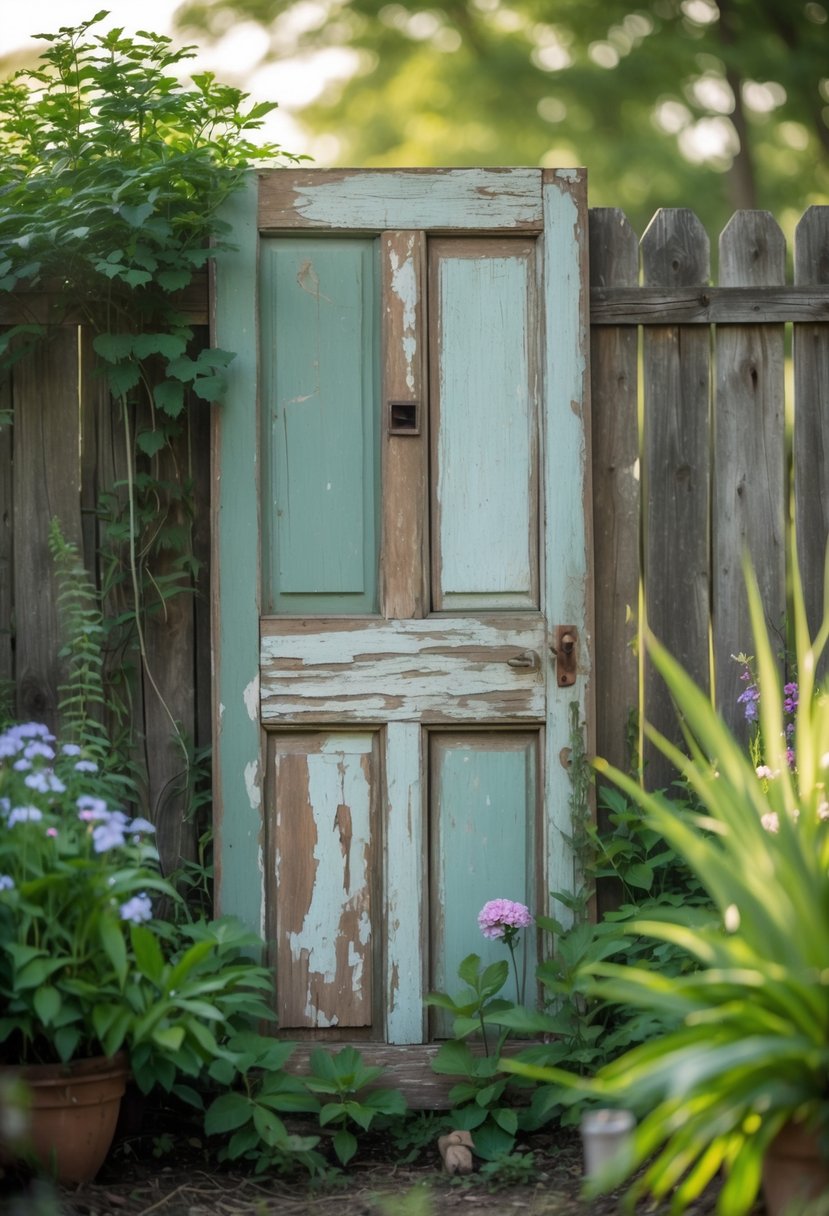 An old wooden door leaning against a wooden fence surrounded by plants in a garden.